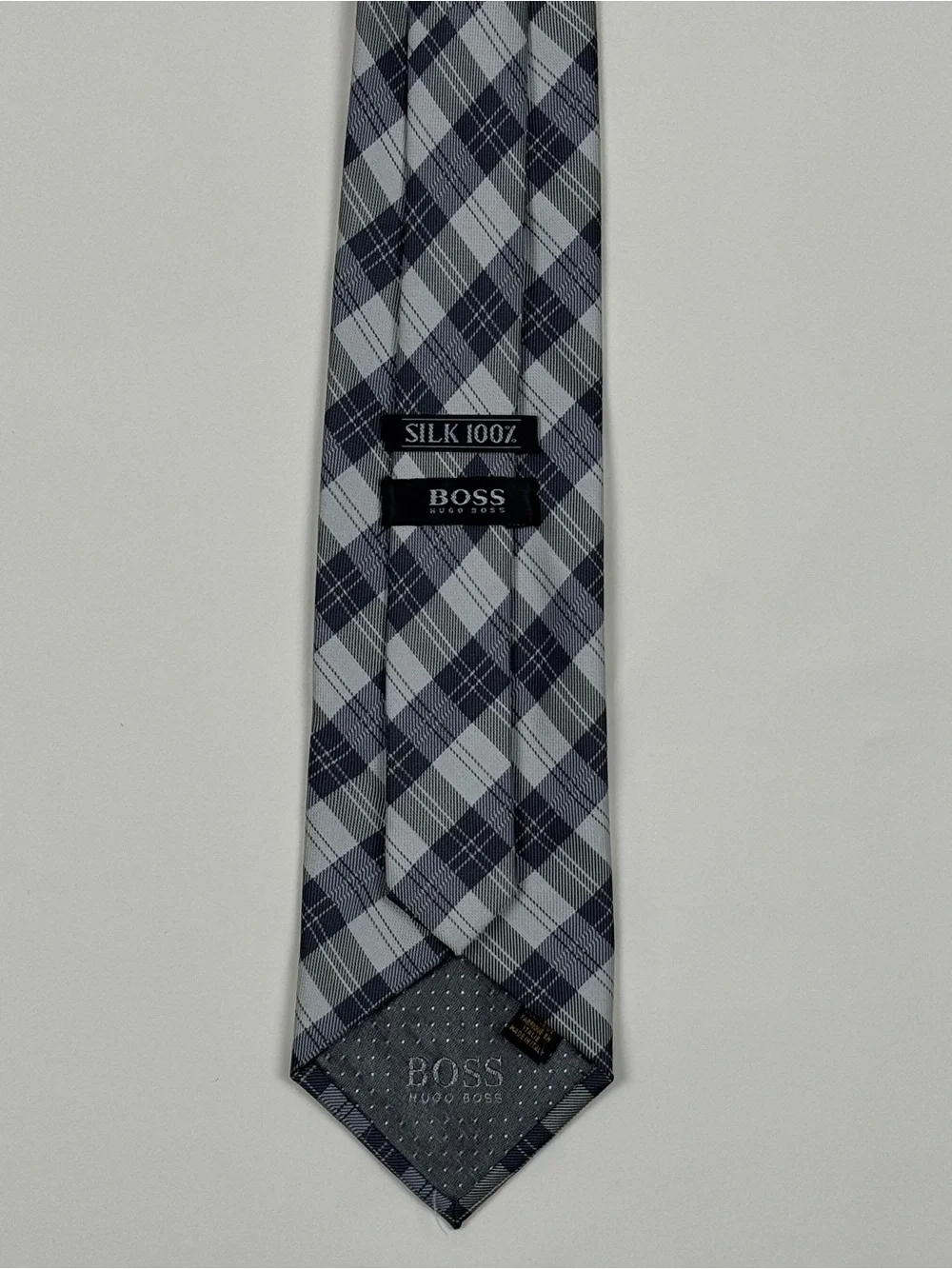 Boss Gray and Black Plaid Silk Tie